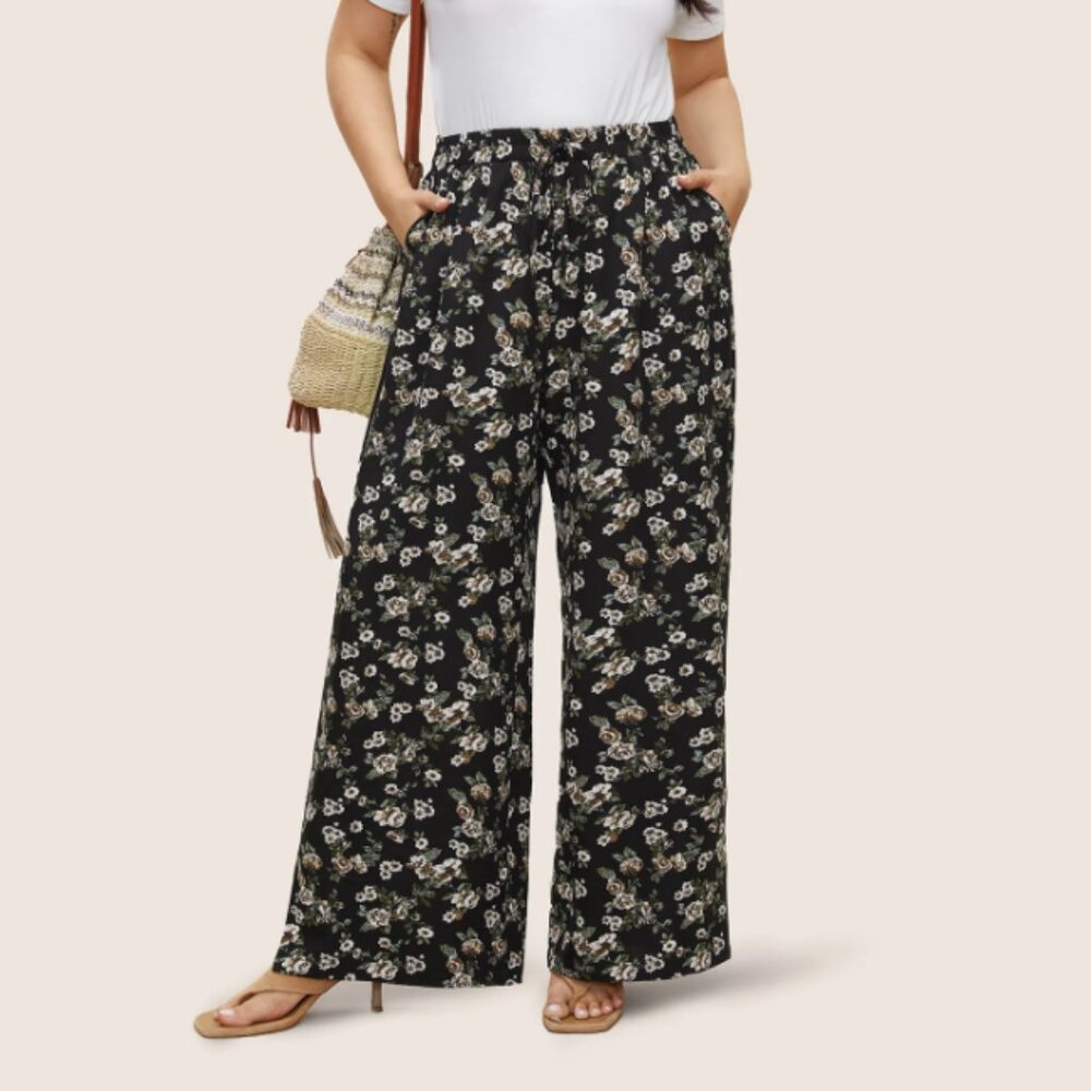 Ditsy Floral Ties Split Hem Wide Leg Pants